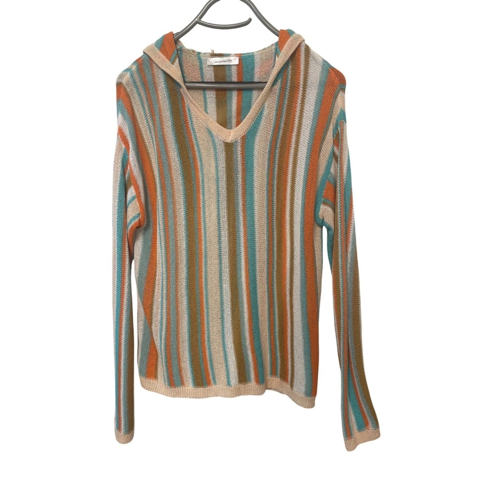 Womens Boho Hippie Earthy Striped Knit Hoodie V-Neck Lightweight Multi M
